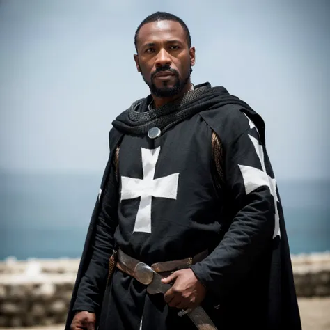 (masterpiece:1.2), (best quality:1.2), (detailed:1.2), close up portrait of black man wearing templar clothes, black tunic with white cross on chests, sea port in the background, stunning environment, <lora:templar:1>