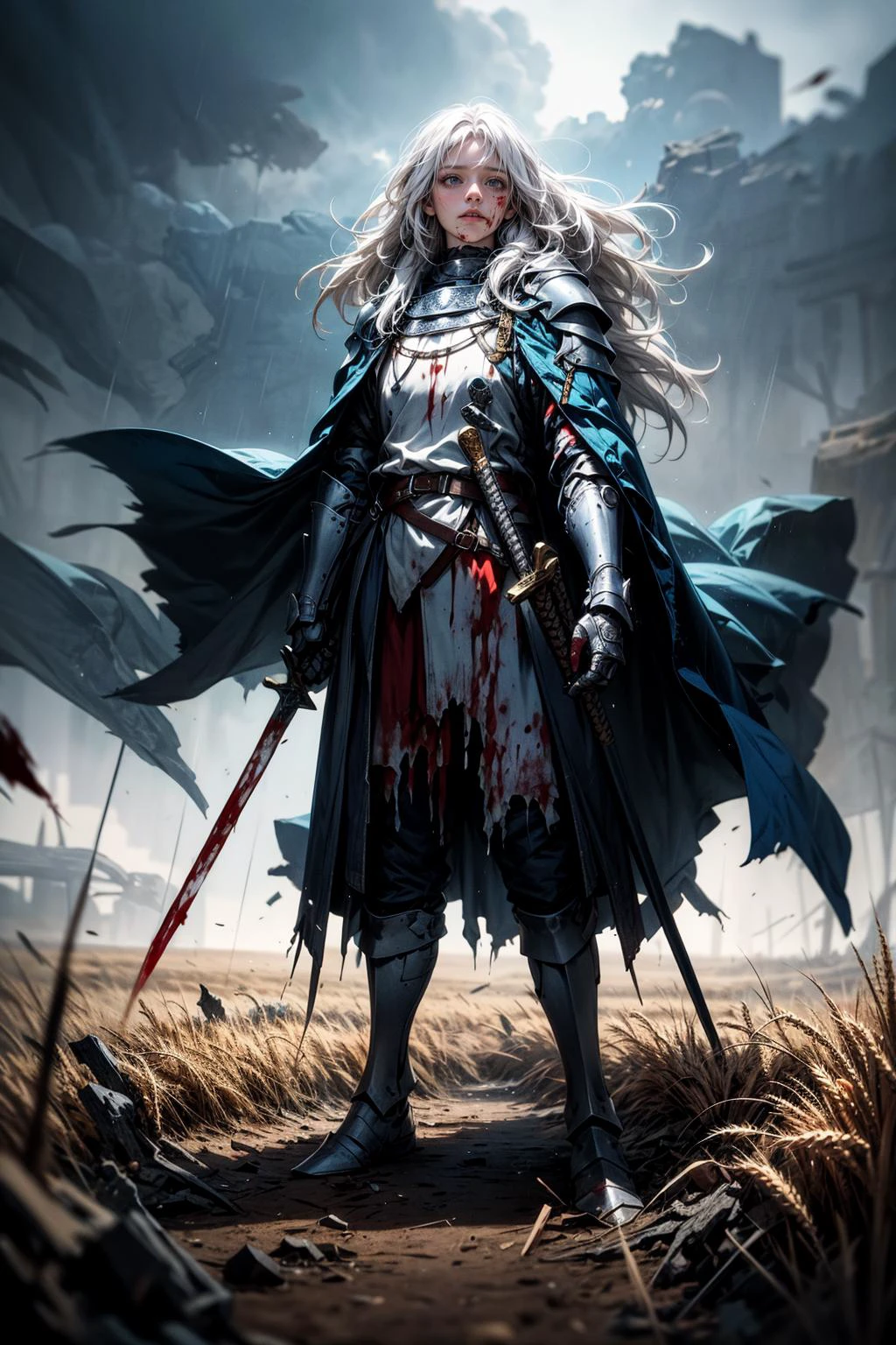 (masterpiece:1.4), (intricate:1.2), (detailed:1.2), (muted colors:1.2), BREAK,
(dark fantasy:1.2), (medieval:1.0), (full body:1.0), (from below:1.0), (black and blue theme:1.2), BREAK,
(solo:1.2), (female knight:1.2), (long white hair:1.2), (cloak:1.0), (white tunic:1.0), (red cross on chest:1.2), (covered in blood:1.3), (torn clothes:1.2), (holding a sword:1.0), (exhausted:1.2), <lora:templar:0.8> , BREAK,
(wheat field:1.2), (night:1.2), (fog:1.2), (debris:1.1), (rain storm:1.2), (storm clouds:1.0), (battlefield:1.0), (windy:1.0), (devastation:1.0), (cluttered:1.1), (ruins:1.0)
