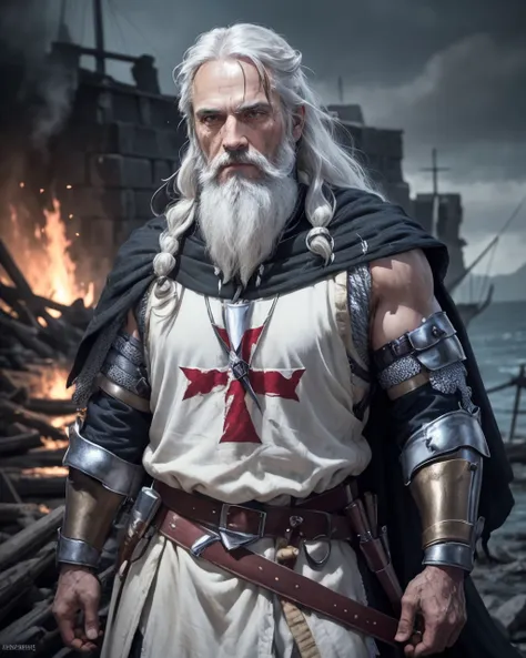 (masterpiece:1.2), (best quality:1.2), (detailed:1.2), old man with long white hair and black beard wearing templar clothes, sleeveless white tunic with red cross, chainmail, black belt, bloody face, standing on front of burning castle, sea, ships, fire, war, busy background, stunning environment, high detail skin, detailed face, detailed facial features, detailed eyes, eye reflection, detailed hair, skin imperfections, skin pores, natural skin texture, uhd, hdr, <lora:templar:1>