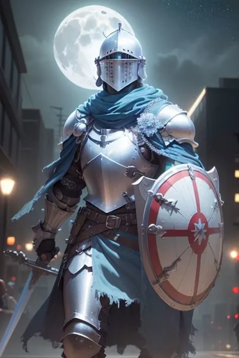 Craft an image of a male character adorned in glowing ((plate armor)).  His armor and shield glow with holy light. ((Holding shield in left hand)), ((swinging sword in right hand)), glowing sword
futuristic urban setting, dynamic shot
(masterpiece), 8k, Absurdres, best quality, deep colors, Depth-of-field, Efficient Sub-Pixel, HDR, Low ISO, masterpiece, Maximum clarity and sharpness, Multi-Layered Textures, Octane Render, PBR Texturing, Perfect proportions, Post-processing, Rule of thirds, sub-pixel convolution. Subsurface scattering, Super-Resolution, Surface shading, Unreal 5, White balance, Wide aperture, wide-angle Hyperdetailed,
masterpiece, best quality, ((adult)), extremely detailed face, perfect lighting, 1boy, solo, photorealistic, hi res, hyperdetailed, ultrarealistic, ((cowboy shot)), ((action pose)),
male,1boy, solo, no face, (helmet), knight, armor,  knight, armor, city, night, starry sky, moon, cityscape, city lights, building, road,  cloak, sleeveless tunic, looking at viewer