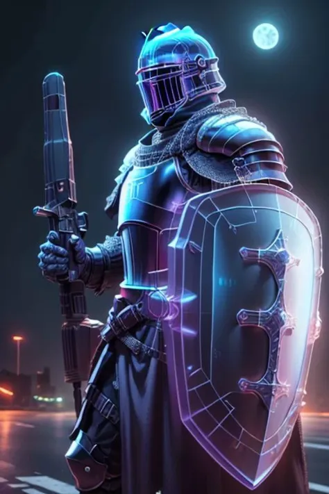 Craft an image of a futuristic male character adorned in glowing ((holographic plate armor)).  His armor is made of light, and his armor and ((shield)) glow with holy light. It is a high tech Crusader wearing ((plate mail)) made of solid light holograms. ((Holding shield in left hand)), ((holding laser rifle in right hand))
futuristic urban setting
(masterpiece), 8k, Absurdres, best quality, deep colors, Depth-of-field, Efficient Sub-Pixel, HDR, Low ISO, masterpiece, Maximum clarity and sharpness, Multi-Layered Textures, Octane Render, PBR Texturing, Perfect proportions, Post-processing, Rule of thirds, sub-pixel convolution. Subsurface scattering, Super-Resolution, Surface shading, Unreal 5, White balance, Wide aperture, wide-angle Hyperdetailed,
masterpiece, best quality, ((adult)), extremely detailed face, perfect lighting, 1boy, solo, photorealistic, hi res, hyperdetailed, ultrarealistic, ((cowboy shot)), ((action pose)),
male, powersuit,1boy, solo, no face, (helmet), knight, armor, CyberpunkAI, neon,  ((gun pointing up)), knight, armor, yofukashi background, city, night, starry sky, moon, cityscape, city lights, building, road, cross on chest, cloak, sleeveless tunic, ((looking at viewer))