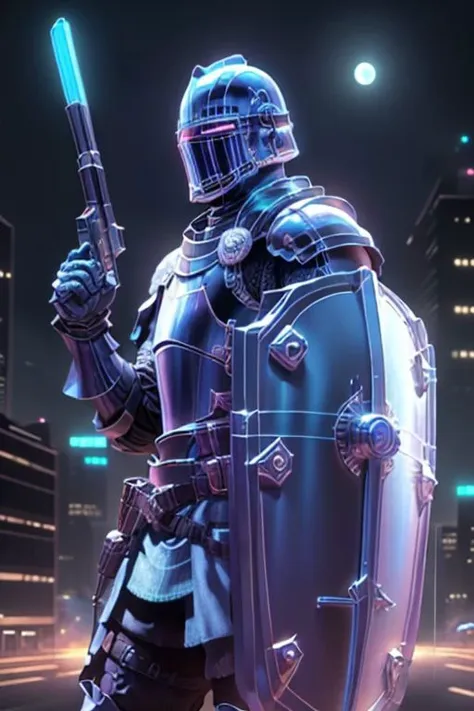 Craft an image of a futuristic male character adorned in glowing ((holographic plate armor)).  His armor is made of light, and his armor and ((shield)) glow with holy light. It is a high tech Crusader wearing ((plate mail)) made of solid light holograms. ((Holding shield in left hand)), ((holding laser rifle in right hand))
futuristic urban setting
(masterpiece), 8k, Absurdres, best quality, deep colors, Depth-of-field, Efficient Sub-Pixel, HDR, Low ISO, masterpiece, Maximum clarity and sharpness, Multi-Layered Textures, Octane Render, PBR Texturing, Perfect proportions, Post-processing, Rule of thirds, sub-pixel convolution. Subsurface scattering, Super-Resolution, Surface shading, Unreal 5, White balance, Wide aperture, wide-angle Hyperdetailed,
masterpiece, best quality, ((adult)), extremely detailed face, perfect lighting, 1boy, solo, photorealistic, hi res, hyperdetailed, ultrarealistic, ((cowboy shot)), ((action pose)),
male, powersuit,1boy, solo, no face, (helmet), knight, armor, CyberpunkAI, neon,  ((gun pointing up)), knight, armor, yofukashi background, city, night, starry sky, moon, cityscape, city lights, building, road, cross on chest, cloak, sleeveless tunic, ((looking at viewer))