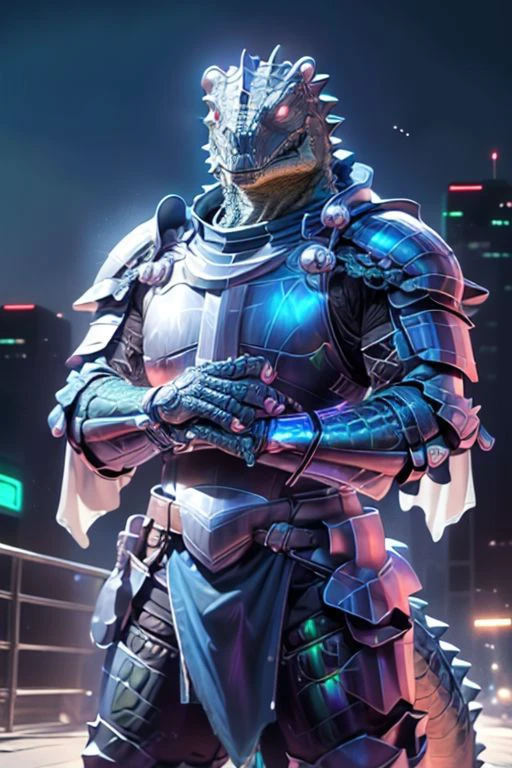 Craft an image of a humanoid crocodile clad in glowing ((holographic plate armor)). His armor is made of light, and glows with holy light. It is a high tech Crusader wearing ((plate mail)) made of solid light holograms.
futuristic urban setting His hands are empty, his claws spread wide
A ((white-scaled)) (white dragonborn) with a muscular build and a (((crocodile head))) with red eyes and (blackened hands), white scales, sharp teeth, muscular, claws, ((scaled skin)), (scaled arms), (scaled chest), (albino), wide shouldered, 1boy, (dragonborn), massive, clawed hands, black claws
(masterpiece), 8k, Absurdres, best quality, deep colors, Depth-of-field, Efficient Sub-Pixel, HDR, Low ISO, masterpiece, Maximum clarity and sharpness, Multi-Layered Textures, Octane Render, PBR Texturing, Perfect proportions, Post-processing, Rule of thirds, sub-pixel convolution. Subsurface scattering, Super-Resolution, Surface shading, Unreal 5, White balance, Wide aperture, wide-angle Hyperdetailed,
masterpiece, best quality, ((adult)), extremely detailed face, perfect lighting, 1boy, solo, photorealistic, hi res, hyperdetailed, ultrarealistic, ((cowboy shot)), ((action pose)),
male, powersuit,1boy, solo, knight, armor, CyberpunkAI, neon, knight, armor, yofukashi background, city, night, starry sky, moon, cityscape, city lights, building, road, cross on chest, cloak, sleeveless tunic, ((looking at viewer))