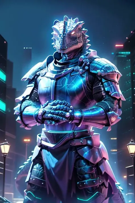 Craft an image of a humanoid crocodile clad in glowing ((holographic plate armor)).  His armor is made of light, and glows with holy light. It is a high tech Crusader wearing ((plate mail)) made of solid light holograms. 
futuristic urban setting His hands are empty, his claws spread wide
A ((white-scaled)) (white dragonborn) with a muscular build and a (((crocodile head))) with red eyes and (blackened hands), white scales, sharp teeth, muscular, claws, ((scaled skin)), (scaled arms), (scaled chest), (albino), wide shouldered, 1boy, (dragonborn), massive, clawed hands, black claws 
(masterpiece), 8k, Absurdres, best quality, deep colors, Depth-of-field, Efficient Sub-Pixel, HDR, Low ISO, masterpiece, Maximum clarity and sharpness, Multi-Layered Textures, Octane Render, PBR Texturing, Perfect proportions, Post-processing, Rule of thirds, sub-pixel convolution. Subsurface scattering, Super-Resolution, Surface shading, Unreal 5, White balance, Wide aperture, wide-angle Hyperdetailed,
masterpiece, best quality, ((adult)), extremely detailed face, perfect lighting, 1boy, solo, photorealistic, hi res, hyperdetailed, ultrarealistic, ((cowboy shot)), ((action pose)),
male, powersuit,1boy, solo, knight, armor, CyberpunkAI, neon, knight, armor, yofukashi background, city, night, starry sky, moon, cityscape, city lights, building, road, cross on chest, cloak, sleeveless tunic, ((looking at viewer))