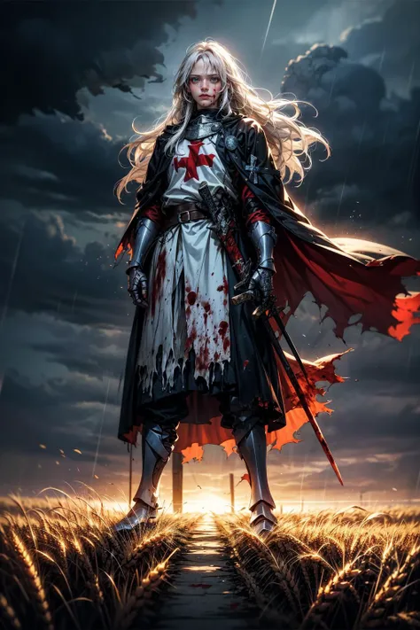 (masterpiece:1.4), (intricate:1.2), (detailed:1.2), (muted colors:1.2), BREAK,
(dark fantasy:1.2), (medieval:1.0), (full body:1.0), (from below:1.0), (black and blue theme:1.2), BREAK,
(solo:1.2), (female knight:1.2), (long white hair:1.2), (cloak:1.0), (white tunic:1.0), (red cross on chest:1.2), (covered in blood:1.3), (torn clothes:1.2), (holding a sword:1.0), (exhausted:1.2), <lora:templar:0.8> , BREAK,
(wheat field:1.2), (night:1.2), (fog:1.2), (debris:1.1), (rain storm:1.2), (storm clouds:1.0), (battlefield:1.0), (windy:1.0), (devastation:1.0), (cluttered:1.1), (ruins:1.0)