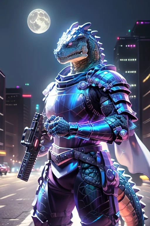 Craft an image of a humanoid crocodile clad in glowing ((holographic plate armor)). His armor is made of light, and glows with holy light. It is a high tech Crusader wearing ((plate mail)) made of solid light holograms.
futuristic urban setting His hands are empty, his claws spread wide
A ((white-scaled)) (white dragonborn) with a muscular build and a (((crocodile head))) with red eyes and (blackened hands), white scales, sharp teeth, muscular, claws, ((scaled skin)), (scaled arms), (scaled chest), (albino), wide shouldered, 1boy, (dragonborn), massive, clawed hands, black claws
(masterpiece), 8k, Absurdres, best quality, deep colors, Depth-of-field, Efficient Sub-Pixel, HDR, Low ISO, masterpiece, Maximum clarity and sharpness, Multi-Layered Textures, Octane Render, PBR Texturing, Perfect proportions, Post-processing, Rule of thirds, sub-pixel convolution. Subsurface scattering, Super-Resolution, Surface shading, Unreal 5, White balance, Wide aperture, wide-angle Hyperdetailed,
masterpiece, best quality, ((adult)), extremely detailed face, perfect lighting, 1boy, solo, photorealistic, hi res, hyperdetailed, ultrarealistic, ((cowboy shot)), ((action pose)),
male, powersuit,1boy, solo, no face, (helmet), knight, armor, CyberpunkAI, neon, ((gun pointing up)), knight, armor, yofukashi background, city, night, starry sky, moon, cityscape, city lights, building, road, cross on chest, cloak, sleeveless tunic, ((looking at viewer))