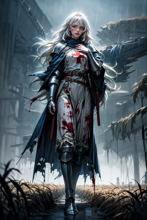 (masterpiece:1.4), (intricate:1.2), (detailed:1.2), (muted colors:1.2), BREAK,
(dark fantasy:1.2), (medieval:1.0), (full body:1.0), (from below:1.0), (black and blue theme:1.2), BREAK,
(solo:1.2), (female knight:1.2), (long white hair:1.2), (cloak:1.0), (white tunic:1.0), (red cross on chest:1.2), (covered in blood:1.3), (torn clothes:1.2), (holding a sword:1.0), (exhausted:1.2), <lora:templar:0.8> , BREAK,
(wheat field:1.2), (night:1.2), (fog:1.2), (debris:1.0), (rain storm:1.2), (battlefield:1.0), (windy:1.0)
