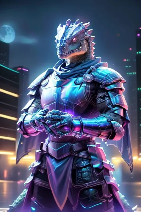 Craft an image of a humanoid crocodile clad in glowing ((holographic plate armor)).  His armor is made of light, and glows with holy light. It is a high tech Crusader wearing ((plate mail)) made of solid light holograms. 
futuristic urban setting His hands are empty, his claws spread wide
A ((white-scaled)) (white dragonborn) with a muscular build and a (((crocodile head))) with red eyes and (blackened hands), white scales, sharp teeth, muscular, claws, ((scaled skin)), (scaled arms), (scaled chest), (albino), wide shouldered, 1boy, (dragonborn), massive, clawed hands, black claws 
(masterpiece), 8k, Absurdres, best quality, deep colors, Depth-of-field, Efficient Sub-Pixel, HDR, Low ISO, masterpiece, Maximum clarity and sharpness, Multi-Layered Textures, Octane Render, PBR Texturing, Perfect proportions, Post-processing, Rule of thirds, sub-pixel convolution. Subsurface scattering, Super-Resolution, Surface shading, Unreal 5, White balance, Wide aperture, wide-angle Hyperdetailed,
masterpiece, best quality, ((adult)), extremely detailed face, perfect lighting, 1boy, solo, photorealistic, hi res, hyperdetailed, ultrarealistic, ((cowboy shot)), ((action pose)),
male, powersuit,1boy, solo, knight, armor, CyberpunkAI, neon, knight, armor, yofukashi background, city, night, starry sky, moon, cityscape, city lights, building, road, cross on chest, cloak, sleeveless tunic, ((looking at viewer))