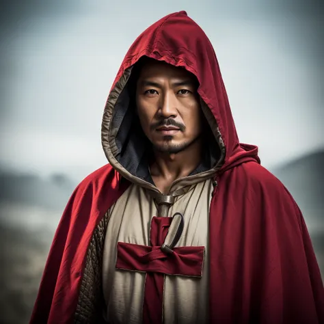 (masterpiece:1.2), (best quality:1.2), (detailed:1.2), close up portrait of asian man wearing templar clothes, hooded red cloak with white cross, stunning environment, <lora:templar:1>