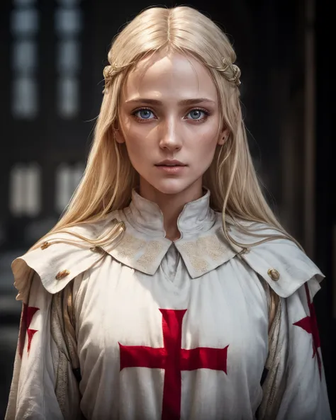 (masterpiece:1.2), (best quality:1.2), (detailed:1.2), photo of blonde woman wearing templar clothes, white tunic with red cross, <lora:templar:1>, high detail skin, detailed face, detailed facial features, detailed eyes, eye reflection, detailed hair, skin imperfections, skin pores, natural skin texture, uhd, hdr