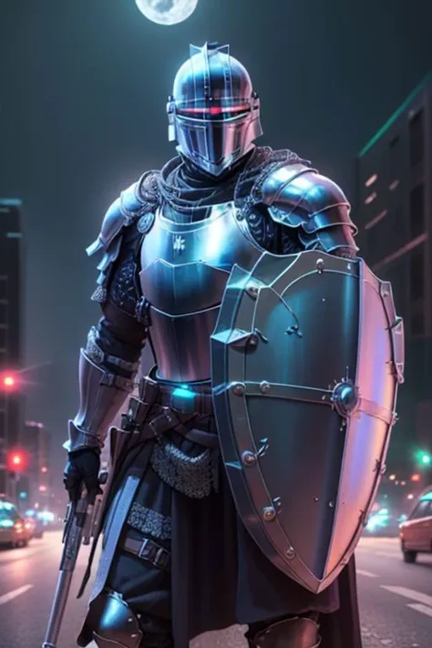 Craft an image of a futuristic male character adorned in glowing ((holographic plate armor)).  His armor is made of light, and his armor and ((shield)) glow with holy light. It is a high tech Crusader wearing ((plate mail)) made of solid light holograms. ((Holding shield in left hand)), ((holding laser rifle in right hand))
futuristic urban setting
(masterpiece), 8k, Absurdres, best quality, deep colors, Depth-of-field, Efficient Sub-Pixel, HDR, Low ISO, masterpiece, Maximum clarity and sharpness, Multi-Layered Textures, Octane Render, PBR Texturing, Perfect proportions, Post-processing, Rule of thirds, sub-pixel convolution. Subsurface scattering, Super-Resolution, Surface shading, Unreal 5, White balance, Wide aperture, wide-angle Hyperdetailed,
masterpiece, best quality, ((adult)), extremely detailed face, perfect lighting, 1boy, solo, photorealistic, hi res, hyperdetailed, ultrarealistic, ((cowboy shot)), ((action pose)),
male, powersuit,1boy, solo, no face, (helmet), knight, armor, CyberpunkAI, neon,  ((gun pointing up)), knight, armor, yofukashi background, city, night, starry sky, moon, cityscape, city lights, building, road, cross on chest, cloak, sleeveless tunic, looking at viewer