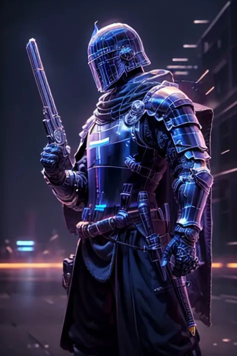 Craft an image of a futuristic male character adorned in glowing ((holographic plate armor)).  His armor is made of light, and his armor and shield glow with holy light. It is a high tech Crusader wearing ((plate mail)) made of solid light holograms. ((Holding shield in left hand)), ((holding laser rifle in right hand))
futuristic urban setting
(masterpiece), 8k, Absurdres, best quality, deep colors, Depth-of-field, Efficient Sub-Pixel, HDR, Low ISO, masterpiece, Maximum clarity and sharpness, Multi-Layered Textures, Octane Render, PBR Texturing, Perfect proportions, Post-processing, Rule of thirds, sub-pixel convolution. Subsurface scattering, Super-Resolution, Surface shading, Unreal 5, White balance, Wide aperture, wide-angle Hyperdetailed,
masterpiece, best quality, ((adult)), extremely detailed face, perfect lighting, 1boy, solo, photorealistic, hi res, hyperdetailed, ultrarealistic, ((cowboy shot)), ((action pose)),
male, powersuit,1boy, solo, no face, (helmet), knight, armor, CyberpunkAI, neon,  ((gun pointing up)), knight, armor, yofukashi background, city, night, starry sky, moon, cityscape, city lights, building, road, cross on chest, cloak, sleeveless tunic