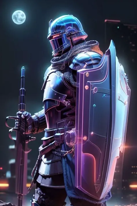 Craft an image of a futuristic male character adorned in glowing ((holographic plate armor)).  His armor is made of light, and his armor and ((shield)) glow with holy light. It is a high tech Crusader wearing ((plate mail)) made of solid light holograms. ((Holding shield in left hand)), ((holding laser rifle in right hand))
futuristic urban setting
(masterpiece), 8k, Absurdres, best quality, deep colors, Depth-of-field, Efficient Sub-Pixel, HDR, Low ISO, masterpiece, Maximum clarity and sharpness, Multi-Layered Textures, Octane Render, PBR Texturing, Perfect proportions, Post-processing, Rule of thirds, sub-pixel convolution. Subsurface scattering, Super-Resolution, Surface shading, Unreal 5, White balance, Wide aperture, wide-angle Hyperdetailed,
masterpiece, best quality, ((adult)), extremely detailed face, perfect lighting, 1boy, solo, photorealistic, hi res, hyperdetailed, ultrarealistic, ((cowboy shot)), ((action pose)),
male, powersuit,1boy, solo, no face, (helmet), knight, armor, CyberpunkAI, neon,  ((gun pointing up)), knight, armor, yofukashi background, city, night, starry sky, moon, cityscape, city lights, building, road, cross on chest, cloak, sleeveless tunic, looking at viewer