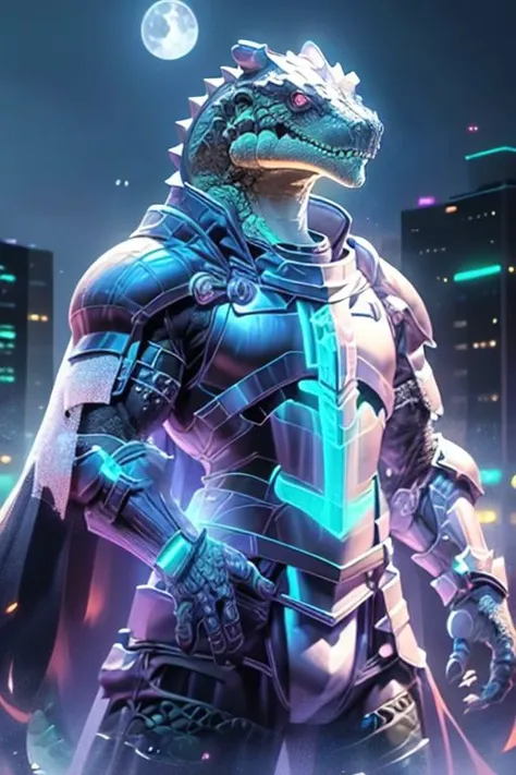 Craft an image of a humanoid crocodile clad in glowing ((holographic plate armor)). His armor is made of light, and glows with holy light. It is a high tech Crusader wearing ((plate mail)) made of solid light holograms.
futuristic urban setting His hands are empty, his claws spread wide
A ((white-scaled)) (white dragonborn) with a muscular build and a (((crocodile head))) with red eyes and (blackened hands), white scales, sharp teeth, muscular, claws, ((scaled skin)), (scaled arms), (scaled chest), (albino), wide shouldered, 1boy, (dragonborn), massive, clawed hands, black claws
(masterpiece), 8k, Absurdres, best quality, deep colors, Depth-of-field, Efficient Sub-Pixel, HDR, Low ISO, masterpiece, Maximum clarity and sharpness, Multi-Layered Textures, Octane Render, PBR Texturing, Perfect proportions, Post-processing, Rule of thirds, sub-pixel convolution. Subsurface scattering, Super-Resolution, Surface shading, Unreal 5, White balance, Wide aperture, wide-angle Hyperdetailed,
masterpiece, best quality, ((adult)), extremely detailed face, perfect lighting, 1boy, solo, photorealistic, hi res, hyperdetailed, ultrarealistic, ((cowboy shot)), ((action pose)),
male, powersuit,1boy, solo, knight, armor, CyberpunkAI, neon, knight, armor, yofukashi background, city, night, starry sky, moon, cityscape, city lights, building, road, cross on chest, cloak, sleeveless tunic, ((looking at viewer))