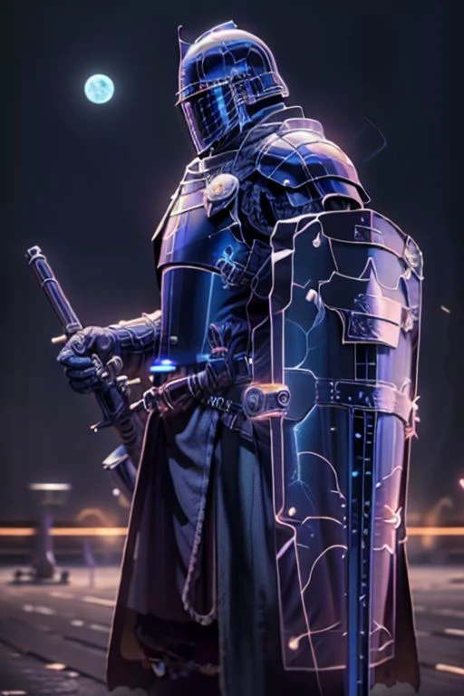 Craft an image of a futuristic male character adorned in glowing ((holographic plate armor)). His armor is made of light, and his armor and ((shield)) glow with holy light. It is a high tech Crusader wearing ((plate mail)) made of solid light holograms. ((Holding shield in left hand)), ((holding laser rifle in right hand))
futuristic urban setting
(masterpiece), 8k, Absurdres, best quality, deep colors, Depth-of-field, Efficient Sub-Pixel, HDR, Low ISO, masterpiece, Maximum clarity and sharpness, Multi-Layered Textures, Octane Render, PBR Texturing, Perfect proportions, Post-processing, Rule of thirds, sub-pixel convolution. Subsurface scattering, Super-Resolution, Surface shading, Unreal 5, White balance, Wide aperture, wide-angle Hyperdetailed,
masterpiece, best quality, ((adult)), extremely detailed face, perfect lighting, 1boy, solo, photorealistic, hi res, hyperdetailed, ultrarealistic, ((cowboy shot)), ((action pose)),
male, powersuit,1boy, solo, no face, (helmet), knight, armor, CyberpunkAI, neon, ((gun pointing up)), knight, armor, yofukashi background, city, night, starry sky, moon, cityscape, city lights, building, road, cross on chest, cloak, sleeveless tunic, looking at viewer