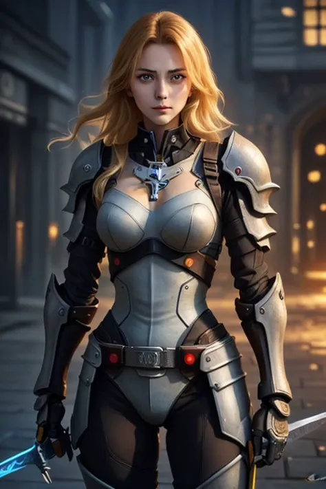 ((masterpiece, best quality, highres, realistic, best quality,)) Perfect Face, (detailed face). <lora:GoodHands-vanilla:1>(18 year old Girl), long yellow-blonde hair, Futuristic Templar, black armor with  Templar cross, (cyber armor)), sword, guns,