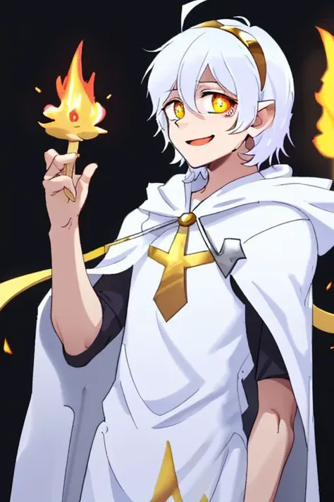 1boy, solo male, solo, a tall lanky twink male with white hair and yellow eyes and A shaped crazy pupils who is a cleric wearing a white hooded cloak and a gold headband, Yona, fire force, yona from fire force, white hair, gold headband, yellow eyes, crazy eyes, happy, crazy_eyes, headband behind ears, headband, golden headband, yandere, A shaped pupils, smiling, white hooded cloak, white shirt, male, male anime twink, cute bishounen, handsome, bishounen, score_9, score_8_up, score_7_up, score_6_up, score_5_up, score_4_up, whitehood, white clad, white clothing, all white, page boy cut, teddy seam,