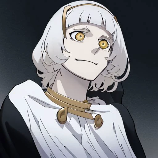 00, pp0m2, yona, fire force, ((white hair)), gold eyes, 1boy, solo male, white hooded cloak, tall, lanky, creepy cute, creepy, headpiece, gold headpiece, hairband, ((gold hairband)), ((gold hair band)), eyeliner, A pupils, crazy pupils, crazy eyes, plush, ((teddy seam)), seams, living plushie, smiling, crazy, happy, cute, bishi, ((crazy eyes)), ((lanky)), ((1boy)), ((white hooded cloak with hood down)), white clothing, white hair, yelloweyes, yellow eyes, ((hood down)), hooded cloak with hood down, demon, humanoid, demonoid, cute, vampire