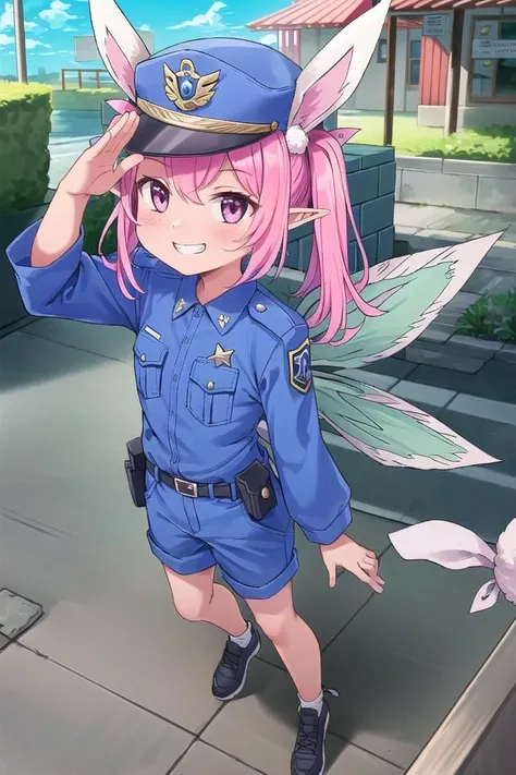 <lora:RibbonChan:1>, Ribi, 1girl, ((fairy wings)), fairy, pointy ears, long hair, pink hair, twintails, pink eyes, ((rabbit ears)), police uniform, (police hat), police jacket, full body, (salute), outdoors, grin, ((animal ear headwear)), <lora:GoodHands-vanilla:1>, pants, masterpiece, best quality,