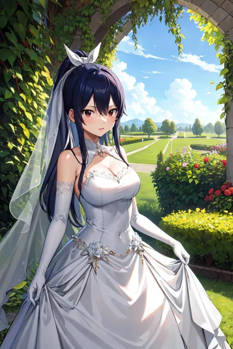 ((anime artstyle)),(((Masterpiece))), ((Best Quality)), ((Super Detail)), Illustration, (((Very Delicate and Beautiful))),Dynamic Angle,Looking at viewer,((((Solo)))),June bride,((((1 arrogant empress in white wedding dress having a wedding ceremony in a flower field)))), in the flower garden,((((Full body)))),(standing),(((smile))),Purple eyes,(Sharp eyes),Detailed Face, Long Eyelashes,Jet Black Hair,(Straight Hair),((Very Long Hair)),Bangs between eyes, ((((gigantic breasts)))),cleavage,skindentation,curvy,See-through,(((fusion of white wedding dress and white rococo ball gown))),(fluffy white wedding dress with gorgeous embroidery),((hoop skirt)),long skirt,corset,crinoline,(long wedding veil),opera gloves,finely decorated jeweled big tiara, gem earrings,finely decorated necklace,Beautifully jeweled ornaments,outdoor,sky, ((white lily flowers)), flower petals flowing, flowers,(floating church),light particles,