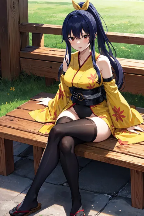 masterpiece, best quality, highres, aakogetsu, long hair, hair ponytail, hair ribbon, japanese clothes, yellow kimono, floral print, detached sleeves, sash, leotard, black thighhighs, <lora:homura_kogetsu_v1:0.7>, sitting, crossed legs, bench, park