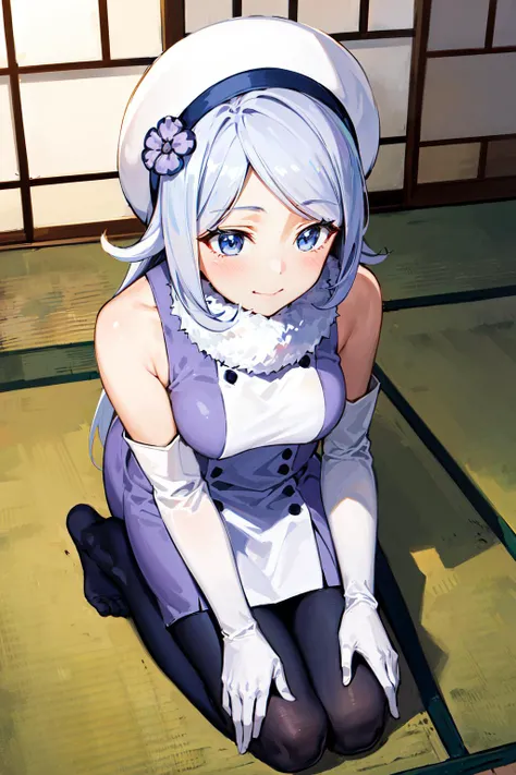 masterpiece, best quality, absurdres, highres, 1girl, solo, seiza, from above, <lora:gundam_ailajyrkiainen-11:1> , mgfaila, hat, hat, sleeveless, elbow gloves, bare shoulders, purple pantyhose, indoors, tatami, glowing, light smile, closed mouth, shy, looking down