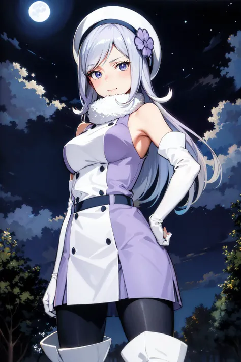 masterpiece, best quality, absurdres, highres, 1girl, solo, standing, <lora:gundam_ailajyrkiainen-11:1> , mgfaila, hat, hat, sleeveless, thigh boots, elbow gloves, bare shoulders, ash purple colored pantyhose, hands on hip, smug, doyagao, outdoors, night, cloud, moonlight, glowing