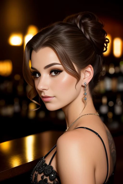 portrait photo of BrookeMonk beautiful woman hair updo upsweep nightclub sitting at bar (masterpiece) (best quality) (detailed) (8k) (HDR) (wallpaper) (cinematic lighting) (sharp focus) (intricate) <lora:BrookeMonk:0.9>
