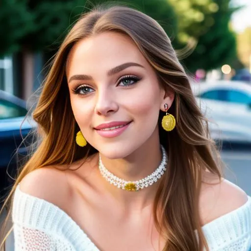 BrookeMonk, piercing eyes, looking straight, very happy,long hair, wearing an off-shoulder sweater, choker, closeup portrait, in a outdoor cafe in 2015, afternoon light, earrings,<lora:brookeMonk_v10:0.6> <lora:scarlettJohansson_v20:0.4>