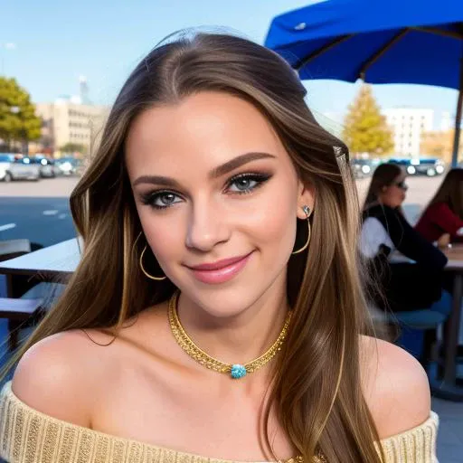 BrookeMonk, piercing eyes, looking straight, very happy,long hair, wearing an off-shoulder sweater, choker, closeup portrait, in a outdoor cafe in 2015, afternoon light,  earrings,<lora:brookeMonk_v10:0.6> <lora:scarlettJohansson_v20:0.4>