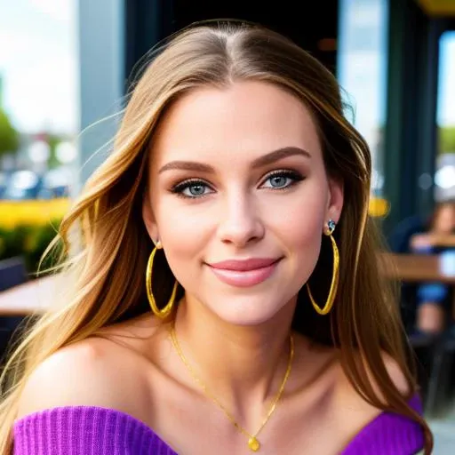 BrookeMonk, piercing eyes, looking straight, very happy,long hair, wearing an off-shoulder sweater, choker, closeup portrait, in a outdoor cafe in 2015, afternoon light,  earrings,<lora:brookeMonk_v10:0.6> <lora:scarlettJohansson_v20:0.4>