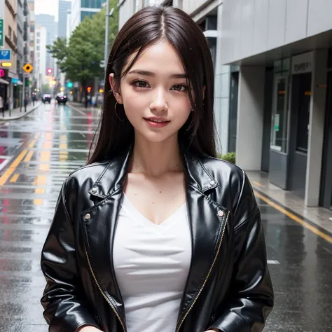 ((sfw:1.2)), rain, wet clothing, (8k, RAW photo, best quality, masterpiece:1.2), young beautiful girl, ultra detailed, official art, unity 8k wallpaper, (finely detailed face:1.2), (smiling:1.2), (street:1.0), jumpsuit, cropped blazer, mules