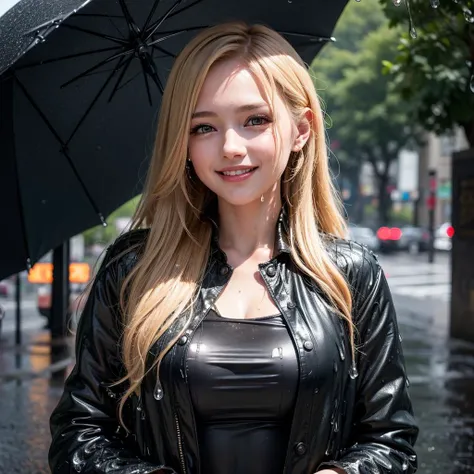 ((sfw:1.2)), rain, ((dripping waster:1.2)), (8k, RAW photo, best quality, masterpiece:1.2), young beautiful girl, ultra detailed, official art, unity 8k wallpaper, (finely detailed face:1.2), (smiling:1.2), (street:1.0), jumpsuit, cropped blazer, mules