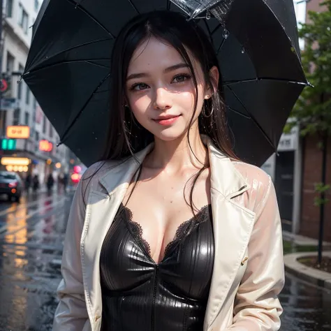 ((sfw:1.2)), rain, ((dripping waster:1.2)), (8k, RAW photo, best quality, masterpiece:1.2), young beautiful girl, ultra detailed, official art, unity 8k wallpaper, (finely detailed face:1.2), (smiling:1.2), (street:1.0), jumpsuit, cropped blazer, mules