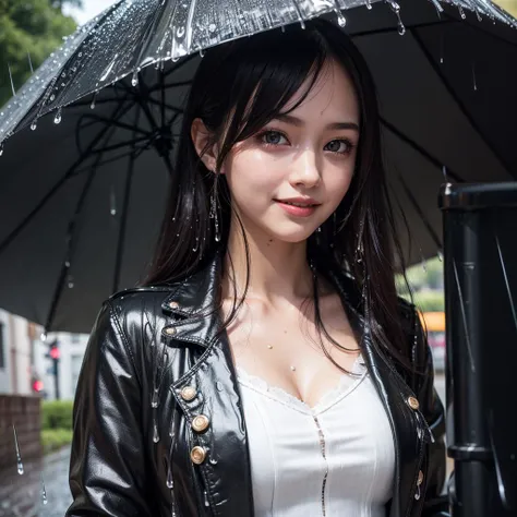 ((sfw:1.2)), rain, ((dripping waster:1.2)), (8k, RAW photo, best quality, masterpiece:1.2), young  beautiful girl, ultra detailed, official art, unity 8k wallpaper, (finely detailed face:1.2), (smiling:1.2), (street:1.0), jumpsuit, cropped blazer, mules