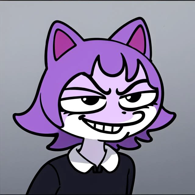 flurk <lora:flurks-step00022500:0.5>, 1girl, masunya, cat ears, cartoon style, purple hair, masterpiece, best quality, evil, smile <lora:my_LoRA_masunya_v3:0.7>