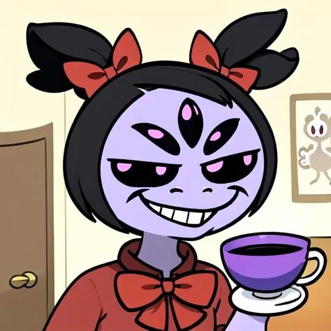 flurk <lora:flurks-step00022500:0.5>, quiff, 1girl, muffet , muffetwear, black sclera, monster girl, purple body, pigtails, 5 eyes, hair bows, black sclera, cartoon style, holding cup, masterpiece, best quality, <lora:muffetv3:0.8>