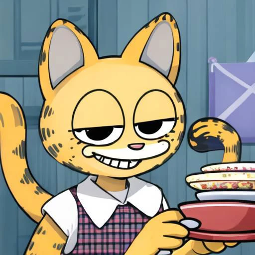 masterpiece, perfect-anatomy, best quality, flurk, avatar, 1boy, solo, cat boy, garfield, orange fur, striped, smile, cat ears, cat tail, striped tail, black eyes, pink nose, red checkered apron, holding up plate of lasgana