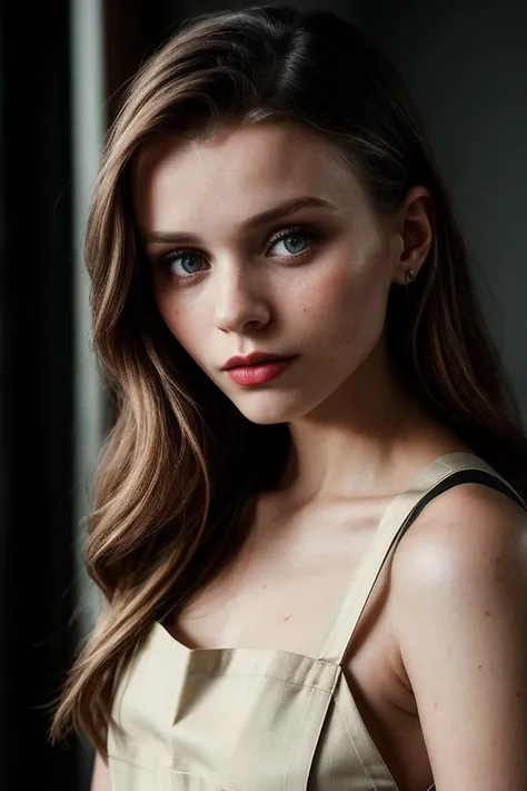 photo of (abb3yl33-135:0.99), a beautiful woman, closeup portrait, perfect hair, (modern photo, Rosy Brown apron), 24mm, (analog, cinematic, film grain:1.3), (autumn:1.2), detailed eyes, (seductive pose), (epicPhoto), (looking at viewer), (CINEMATIC SHOT:1.4), painted lips, makeup