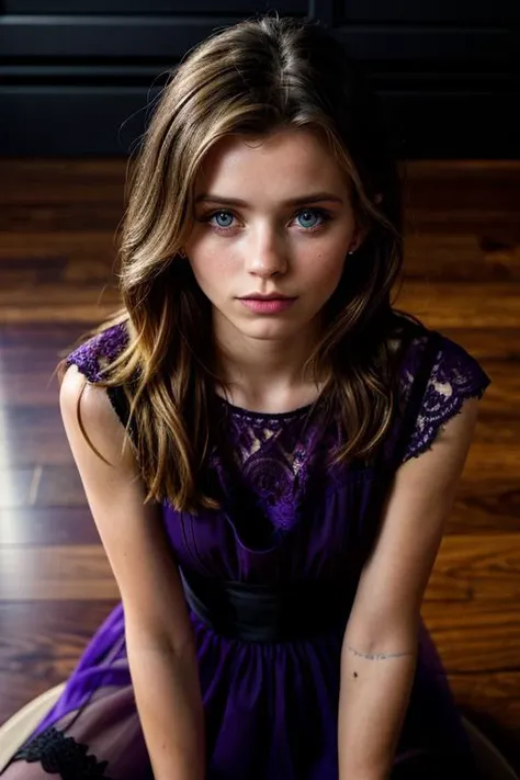 ((closeup)) photo of abb3yl33, light hair, pov, woman kneeling, from above, on a wood floor, facing camera, (( purple lace dress)), (Leica M6 Camera), 24mm, exposure blend, hdr, faded, extremely intricate, (high detail:1.1), sharp focus, dramatic, soft cinematic light, (looking at viewer), (detailed pupils), 4k textures, soft cinematic light, adobe lightroom, photolab, elegant, ((((cinematic look)))), soothing tones, insane details, hyperdetailed, low contrast