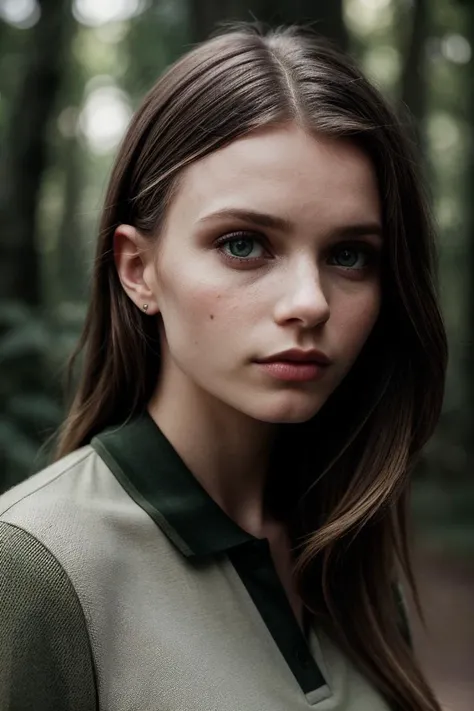photo of (abb3yl33-135:0.99), a beautiful woman, closeup portrait, perfect hair, (modern photo, Forest Green Polo Shirt, Khaki Pants), 24mm, (analog, cinematic, film grain:1.3), (roman city:1.2), detailed eyes, (seductive pose), (epicPhoto), (looking at viewer), (CINEMATIC SHOT:1.4), PA7_Portrait-MCU