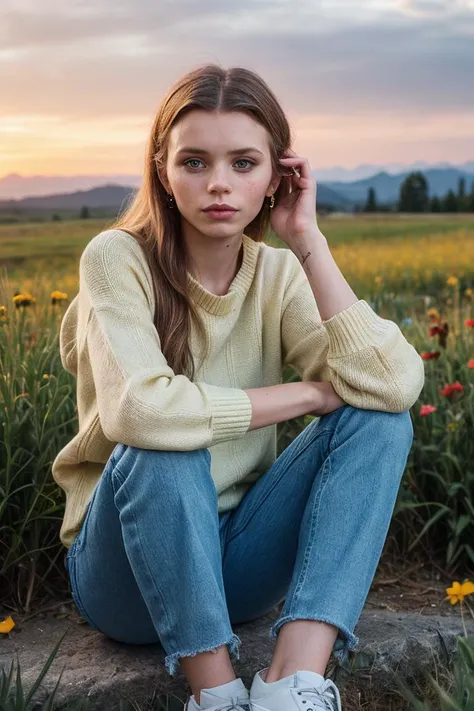 photo of ( abb3yl33-135), a woman, award-winning photo, sfw, Cropped Sweater, Bootcut Shorts, (Sitting with knees apart, hands on knees, A vibrant, flower-filled meadow at sunset), cinematic lighting, (sharpness:1.35), PA7_Portrait-FL, 70mm, f/8, ((auto focus, color, DOF, Aperture, 8k uhd, dslr, insanely detailed and intricate, character, hypermaximalist), appealing, attractive, amative, perfect realistic skintexture, (perfect waist), ((detailed background), hyper realistic, super detailed), Style-DoF, (epiCPhoto), <lora:add_detail:0.6>, (Cinematic shot:1.4)
