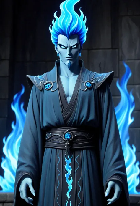 (((masterpiece))) , (((best quality))) , anime style, 2d, well-built charming 1boy, solo, lovely 1boy, Hades-ish, beautiful gorgeous Jonathan Frakes, (blue flames instead of hair), long flowing elegant skull motif robe, (stone dungeon background:1.2), he has Shaved sides hair, key visual, he has Shaved sides hair, key visual, 