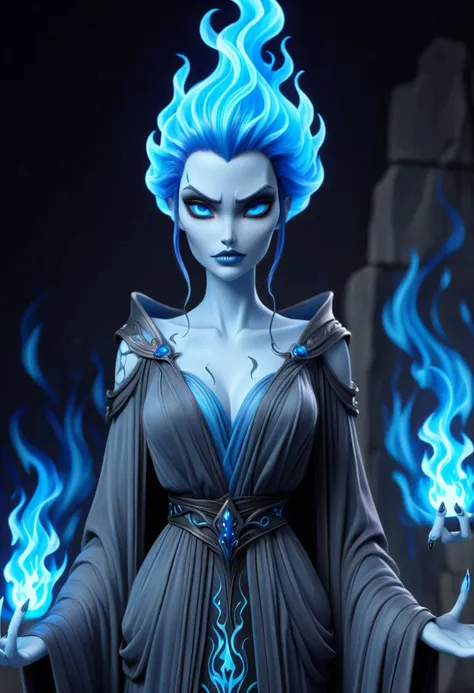 (((masterpiece))) , (((best quality))) , anime style, 2d, well-built charming 1girl, solo, lovely 1girl, Hades-ish, beautiful gorgeous Young Angelina Jolie, (blue flames instead of hair), long flowing elegant skull motif robe, (stone dungeon background:1.2), she has Shaved sides hair, key visual, 