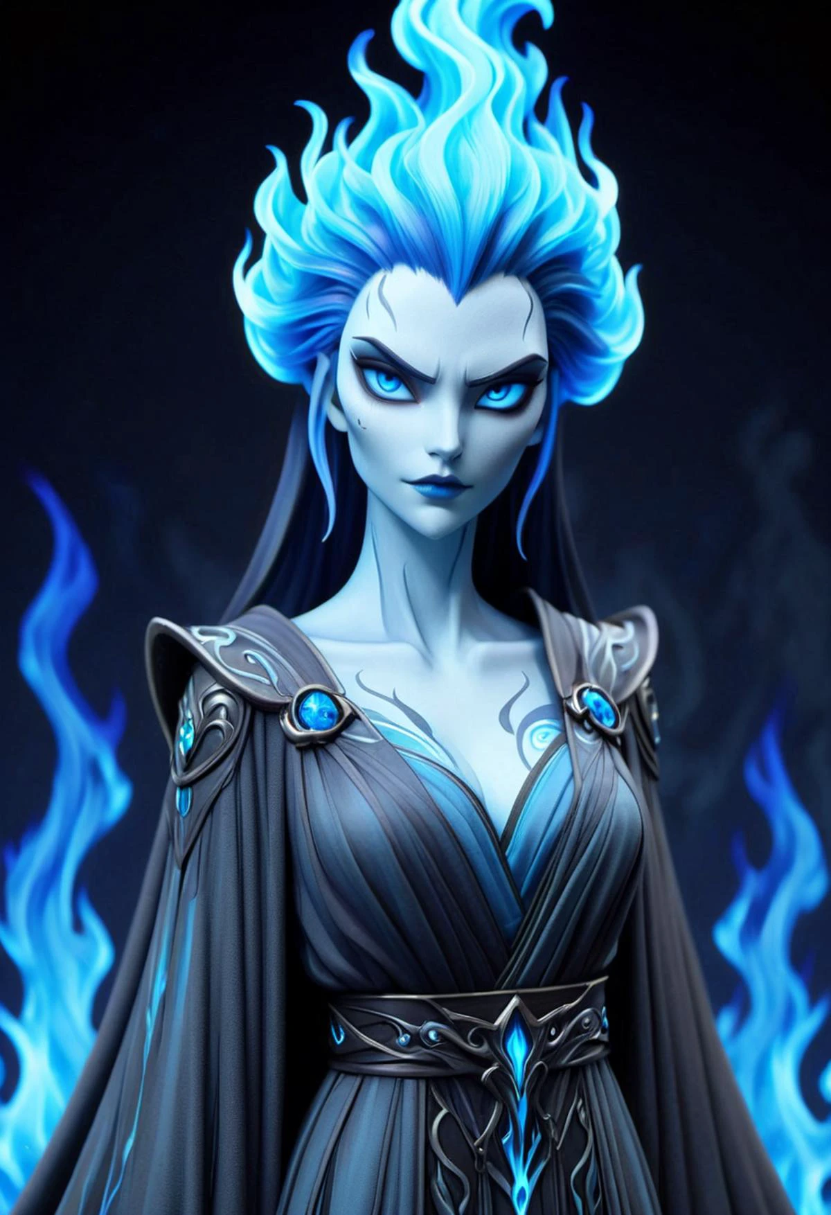 (((masterpiece))) , (((best quality))) , anime style, 2d, well-built charming 1girl, solo, lovely 1girl,
Hades-ish, beautiful gorgeous Loki, (blue flames instead of hair), long flowing elegant skull motif robe, (stone dungeon background:1.2), she has Shaved sides hair, key visual,