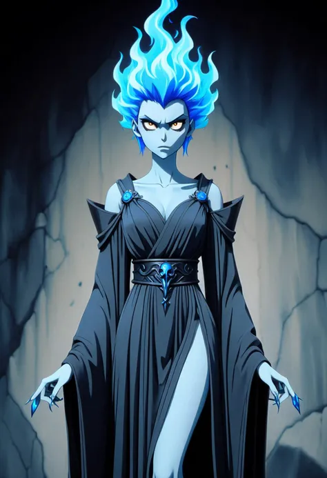 (((masterpiece))) , (((best quality))) , anime style, 2d, well-built charming 1girl, solo, lovely 1girl, Hades-ish, beautiful gorgeous Spike Spiegel, (blue flames instead of hair), long flowing elegant skull motif robe, (stone dungeon background:1.2), she has Shaved sides hair, key visual,
