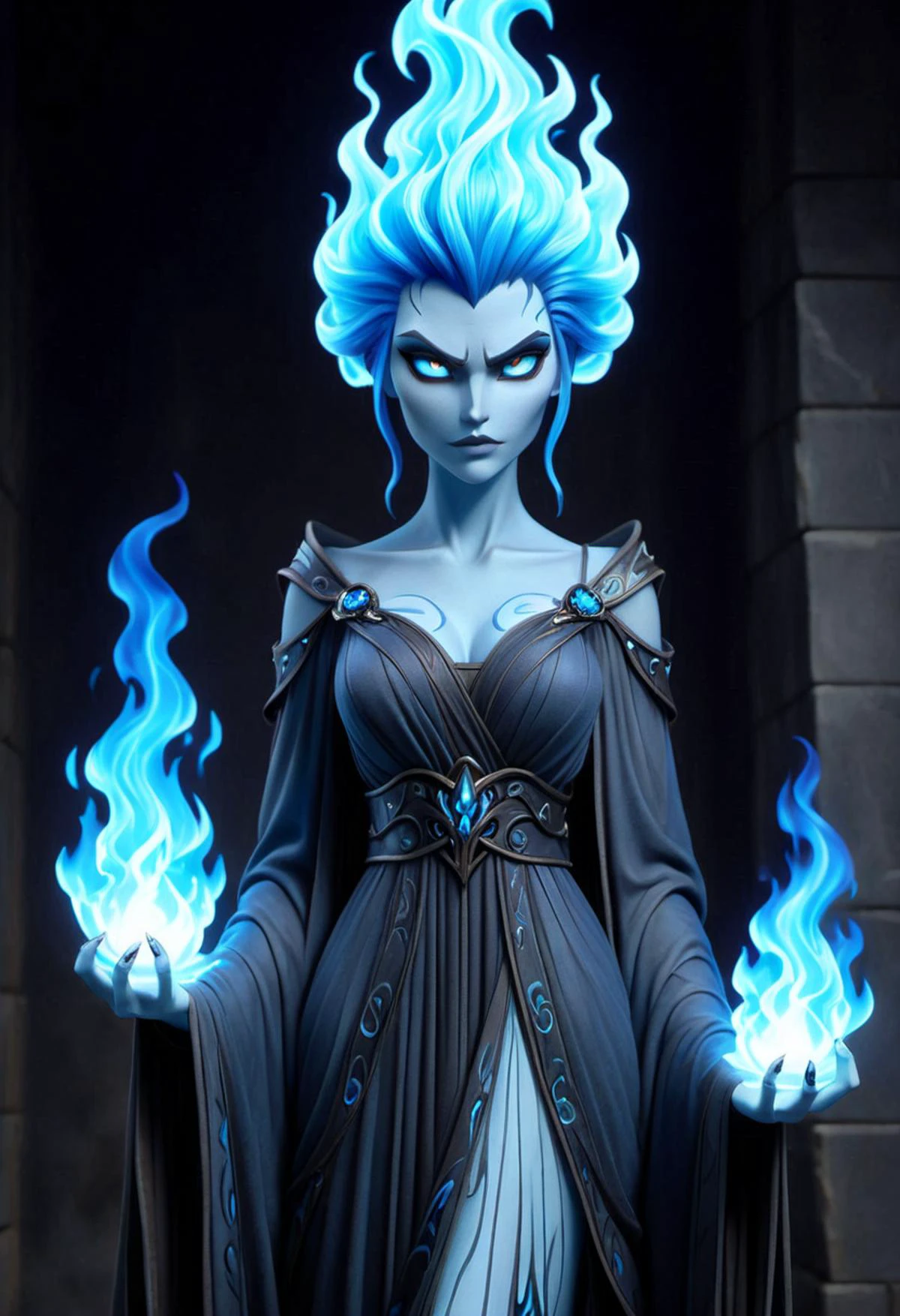 (((masterpiece))) , (((best quality))) , anime style, 2d, well-built charming 1girl, solo, lovely 1girl, Hades-ish, beautiful gorgeous Torri Higginson, (blue flames instead of hair), long flowing elegant skull motif robe, (stone dungeon background:1.2), she has Shaved sides hair, key visual,