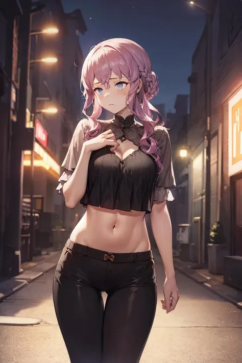 masterpiece, best quality, absurdres, perfect anatomy, 1girl, solo, LennahGB, long hair, braid, stylish outfit, hip hop, midriff, night, alley, neon lights, confident stance, <lora:Lennah-06:1>