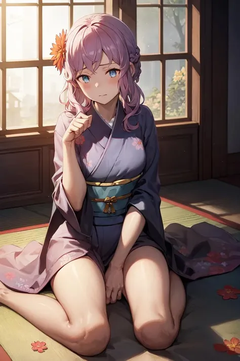 masterpiece, best quality, absurdres, perfect anatomy, 1girl, solo, LennahGB, long hair, braid, indoors, kimono, hair flower, floral print, wariza, sitting, hands on own knees, <lora:Lennah-06:1>