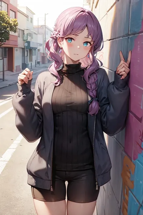 masterpiece, best quality, absurdres, perfect anatomy, 1girl, solo, LennahGB, long hair, braid, earrings, sharp eyes, choker, neon shirt, open jacket, turtleneck sweater, night, against wall, brick wall, graffiti, dim lighting, alley, looking at viewer, <lora:Lennah-06:1>